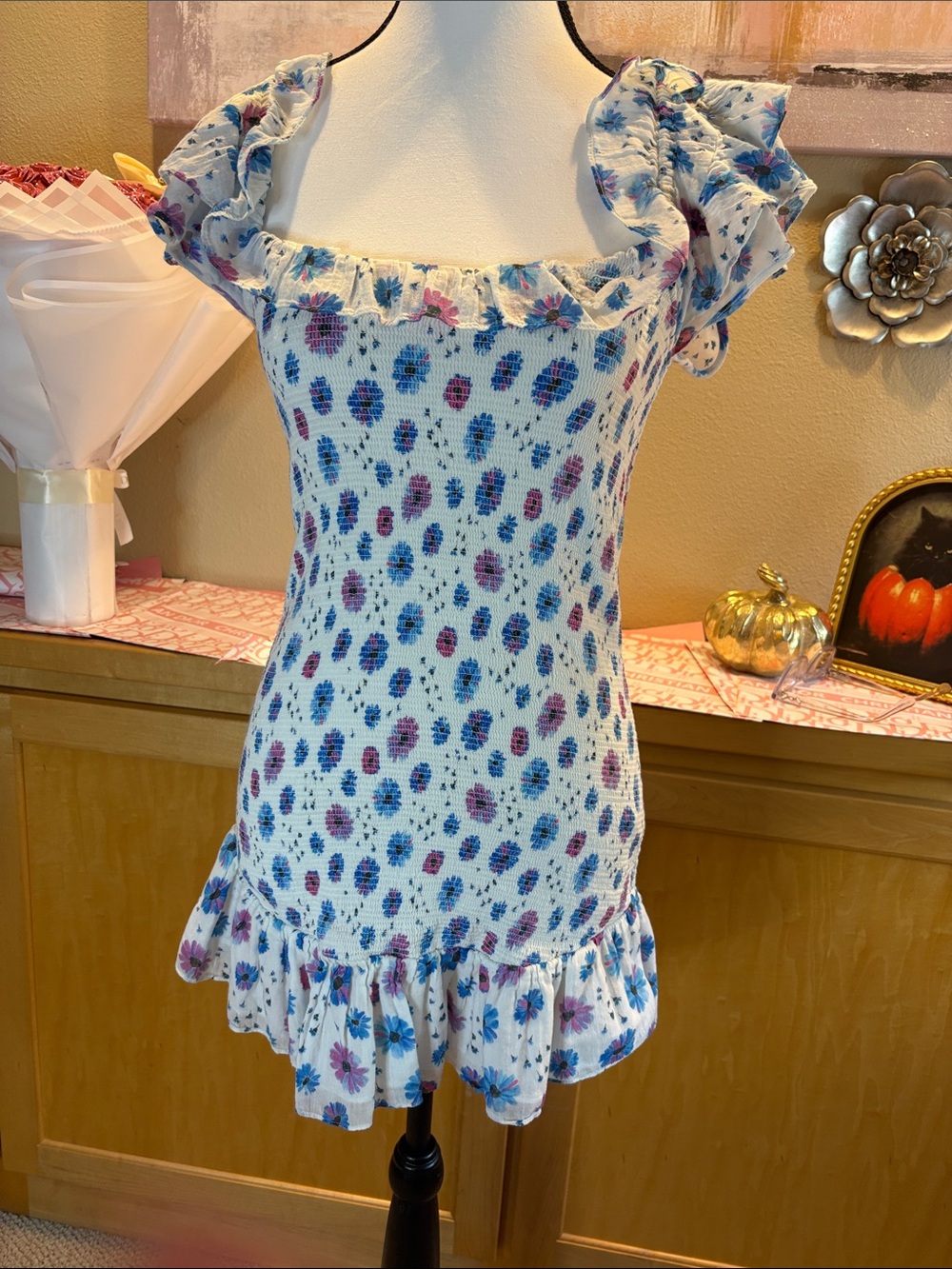 LoveShackFancy White Mini Dress with Blue & Pink Floral Print